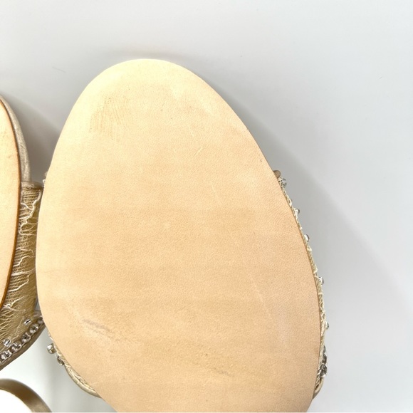 Badgley Mischka Taylin Pearl Nude Satin‎ Jeweled Block Heel Dress Sandals Shoes - Picture 12 of 15